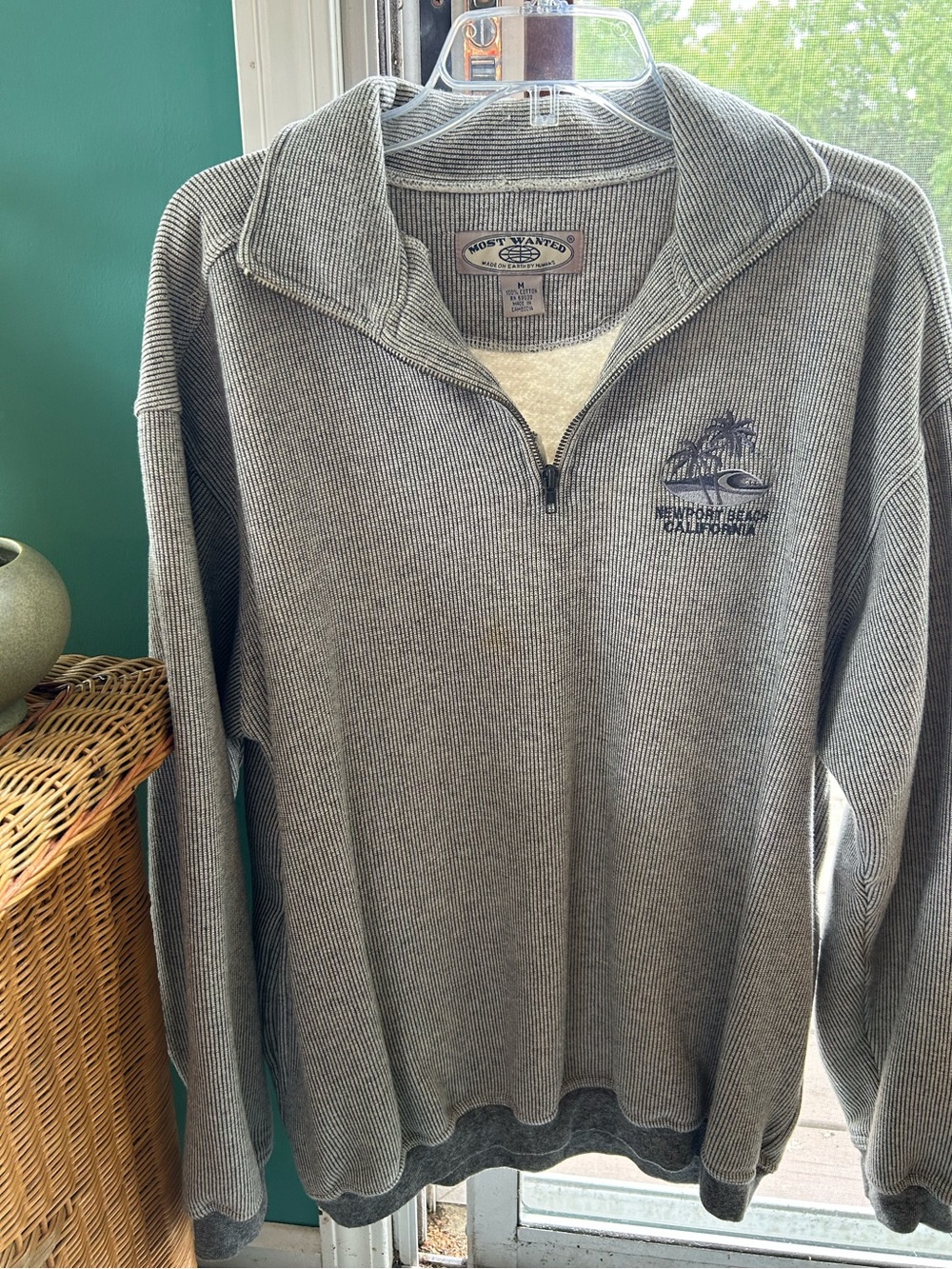 Most Wanted, Men's Ribbed Zip Pullover in Heather Gray with Navy Logo, Med